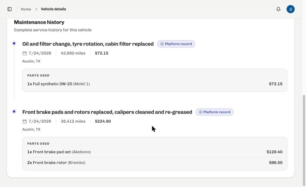 A vehicle's service history in RepairFyX, each job showing its date, mileage, cost and the parts used.