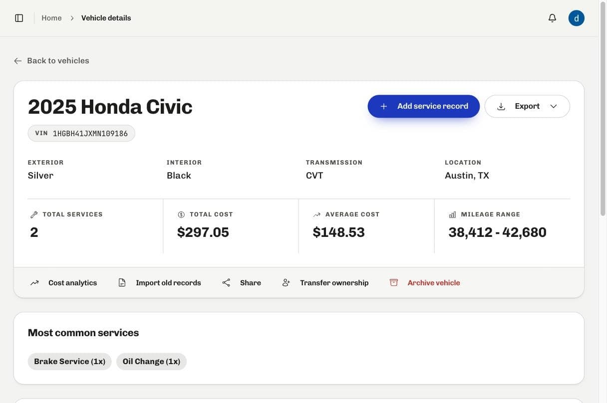 A vehicle overview in RepairFyX showing its VIN, specification, total services, total cost, average cost and mileage range.